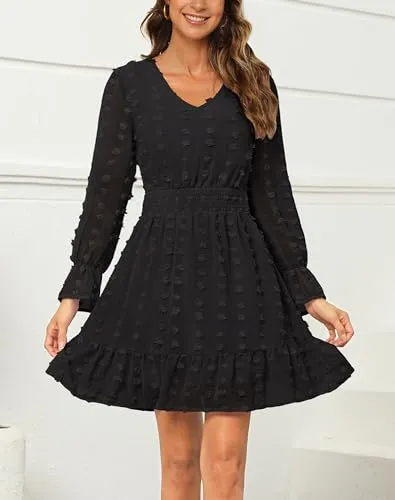 Annebouti Womens 2024 Long Sleeve Fall Dresses Casual Flowy Swiss Dot Smocked Mini Dresses V Neck Babydoll Graduation Wedding Guest Maternity Dress Dusty Orange S