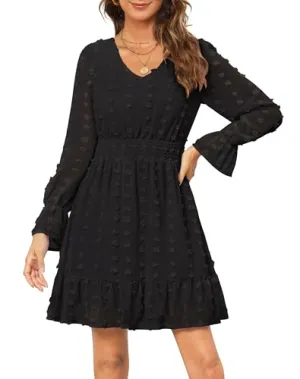 Annebouti Womens 2024 Long Sleeve Fall Dresses Casual Flowy Swiss Dot Smocked Mini Dresses V Neck Babydoll Graduation Wedding Guest Maternity Dress Dusty Orange S