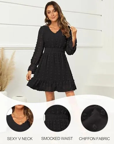 Annebouti Womens 2024 Long Sleeve Fall Dresses Casual Flowy Swiss Dot Smocked Mini Dresses V Neck Babydoll Graduation Wedding Guest Maternity Dress Dusty Orange S