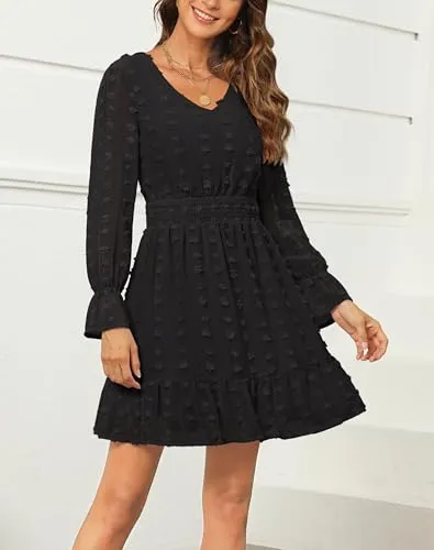 Annebouti Womens 2024 Long Sleeve Fall Dresses Casual Flowy Swiss Dot Smocked Mini Dresses V Neck Babydoll Graduation Wedding Guest Maternity Dress Dusty Orange S
