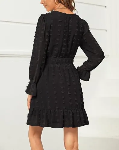 Annebouti Womens 2024 Long Sleeve Fall Dresses Casual Flowy Swiss Dot Smocked Mini Dresses V Neck Babydoll Graduation Wedding Guest Maternity Dress Dusty Orange S