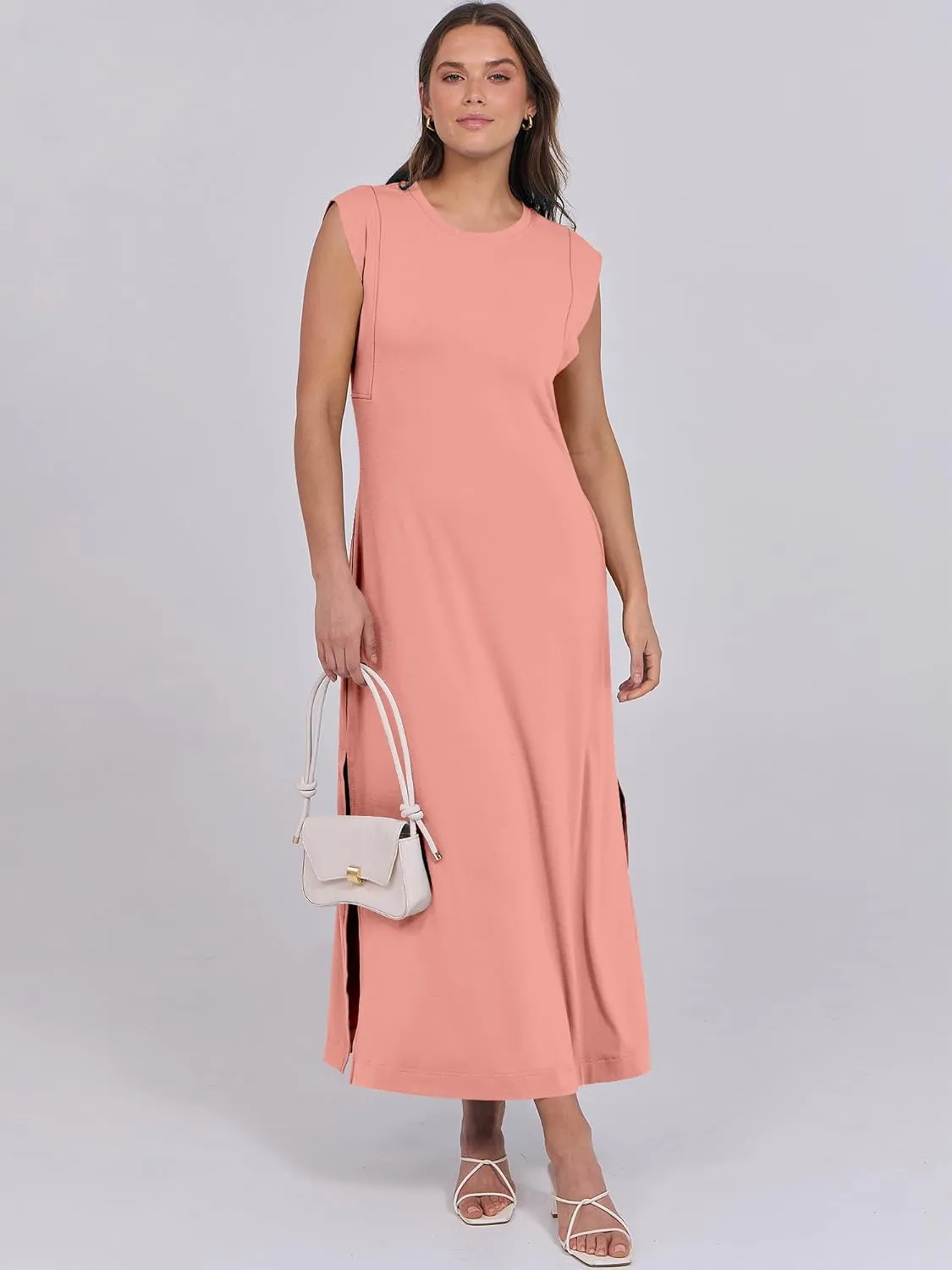 ANRABESS Womens Maxi Dresses 2025 Summer Casual Cap Sleeve Crew Neck Loose Split Beach Travel Long Shirt Sundress & Pockets