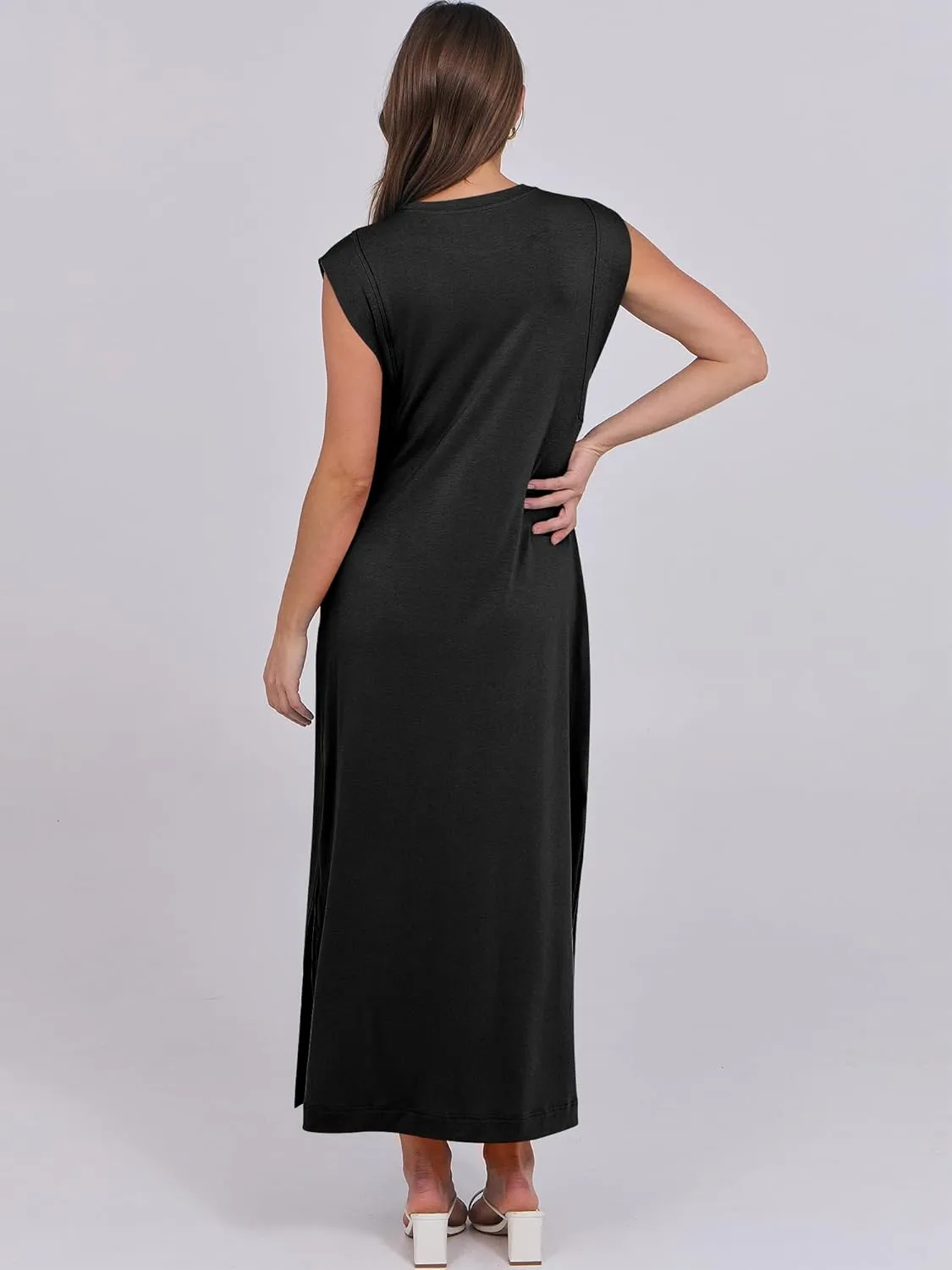 ANRABESS Womens Maxi Dresses 2025 Summer Casual Cap Sleeve Crew Neck Loose Split Beach Travel Long Shirt Sundress & Pockets