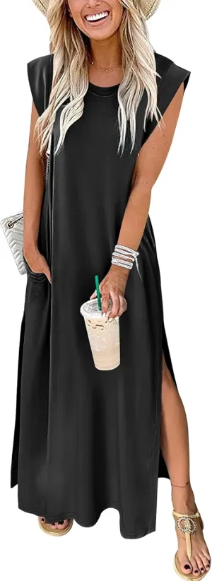 ANRABESS Womens Maxi Dresses 2025 Summer Casual Cap Sleeve Crew Neck Loose Split Beach Travel Long Shirt Sundress & Pockets