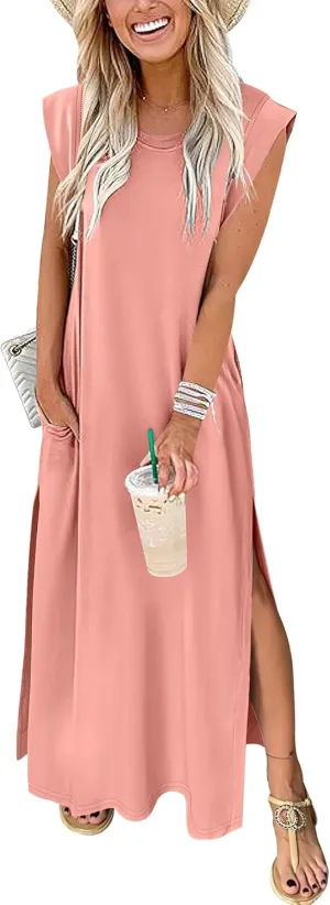 ANRABESS Womens Maxi Dresses 2025 Summer Casual Cap Sleeve Crew Neck Loose Split Beach Travel Long Shirt Sundress & Pockets
