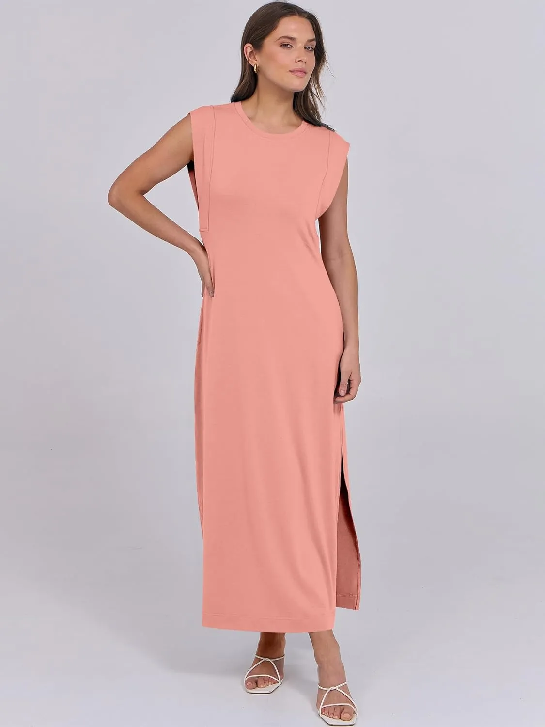 ANRABESS Womens Maxi Dresses 2025 Summer Casual Cap Sleeve Crew Neck Loose Split Beach Travel Long Shirt Sundress & Pockets