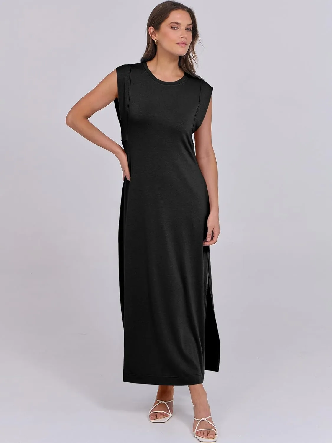 ANRABESS Womens Maxi Dresses 2025 Summer Casual Cap Sleeve Crew Neck Loose Split Beach Travel Long Shirt Sundress & Pockets