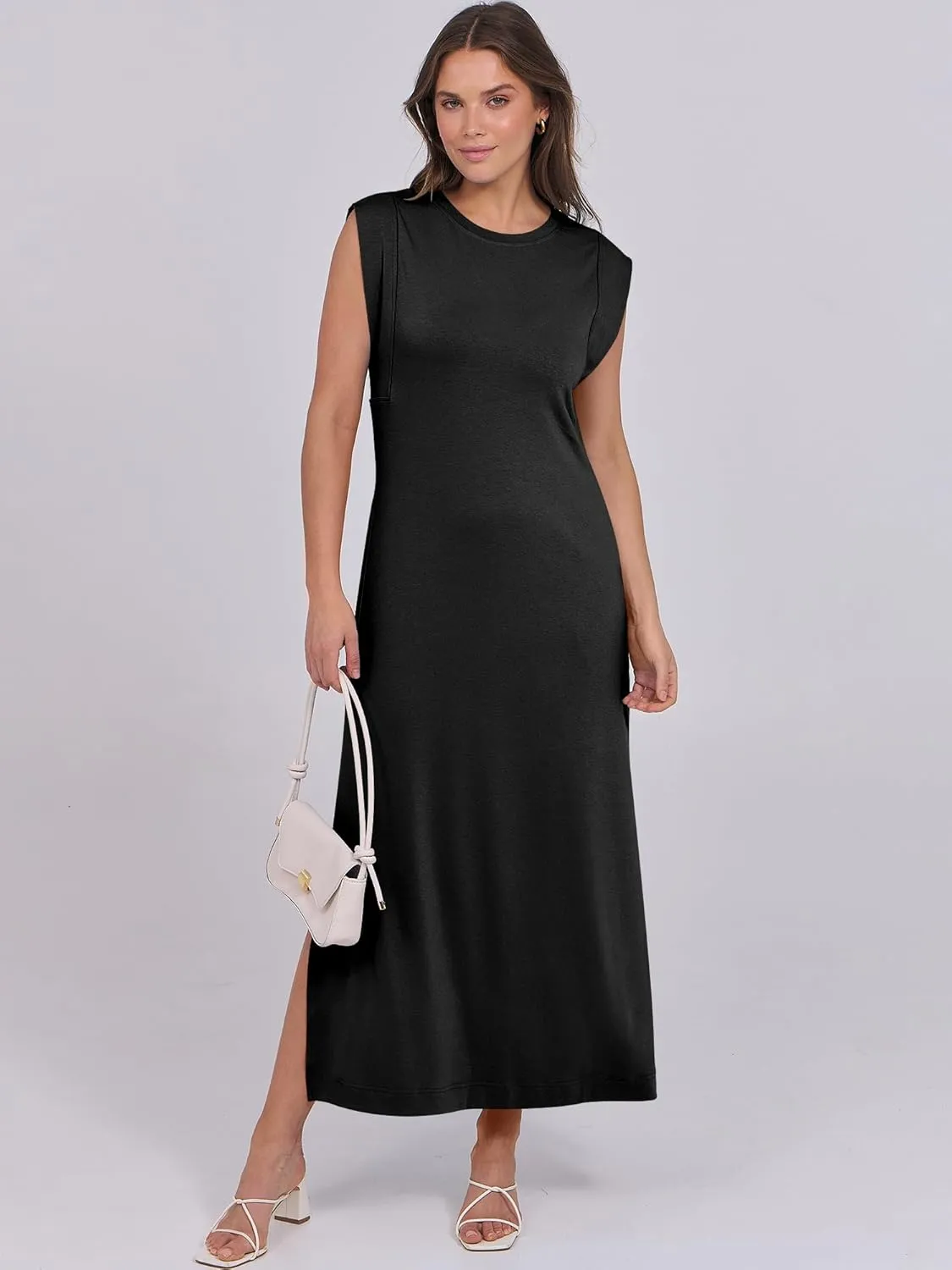 ANRABESS Womens Maxi Dresses 2025 Summer Casual Cap Sleeve Crew Neck Loose Split Beach Travel Long Shirt Sundress & Pockets