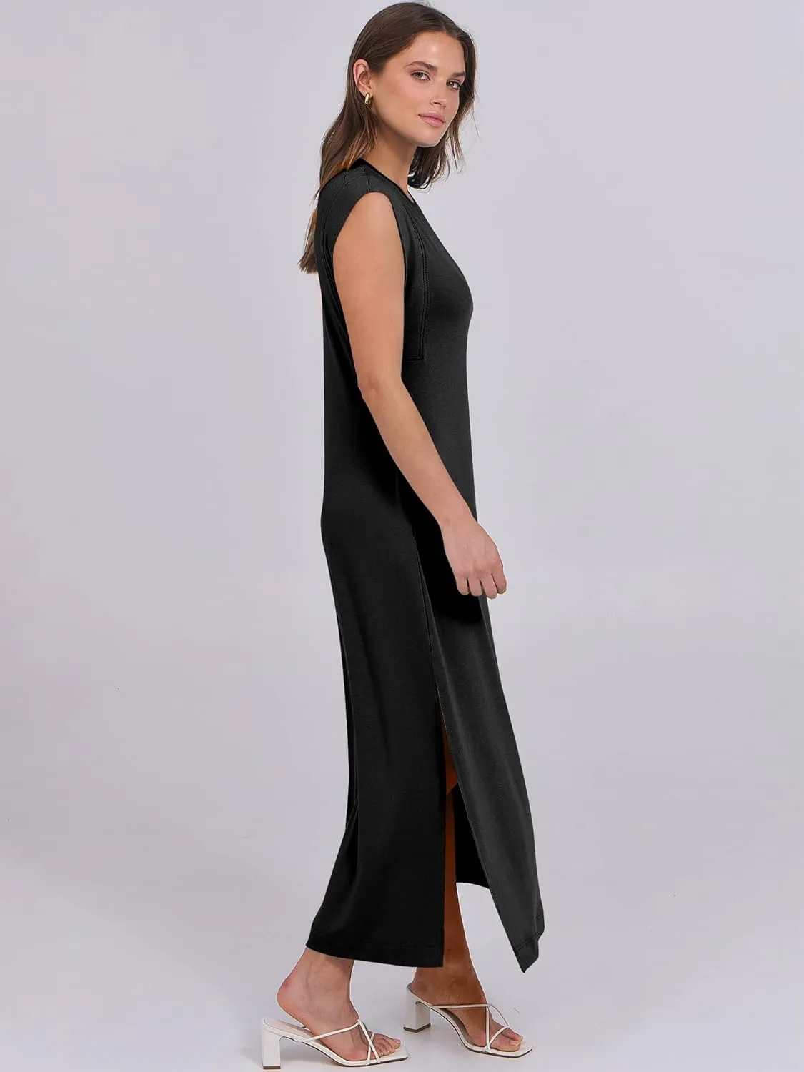 ANRABESS Womens Maxi Dresses 2025 Summer Casual Cap Sleeve Crew Neck Loose Split Beach Travel Long Shirt Sundress & Pockets
