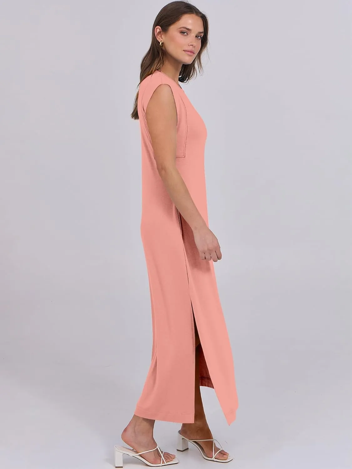 ANRABESS Womens Maxi Dresses 2025 Summer Casual Cap Sleeve Crew Neck Loose Split Beach Travel Long Shirt Sundress & Pockets