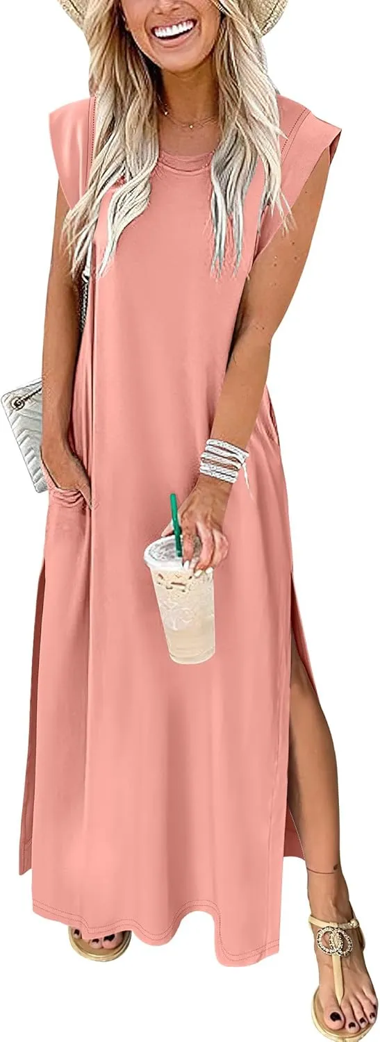 ANRABESS Womens Maxi Dresses 2025 Summer Casual Cap Sleeve Crew Neck Loose Split Beach Travel Long Shirt Sundress & Pockets