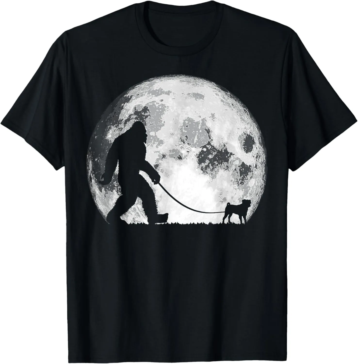 Bigfoot & Pug Funny Night Time Dog Walking Graphic T-Shirt
