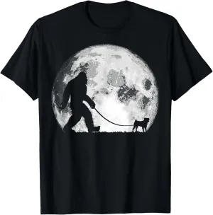 Bigfoot & Pug Funny Night Time Dog Walking Graphic T-Shirt