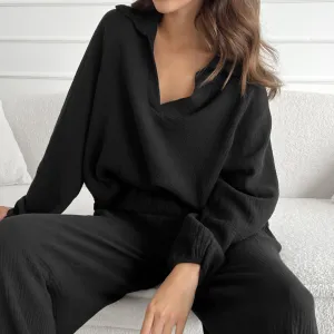 Black Pure Cotton Crepe V-Neck Pajama Set