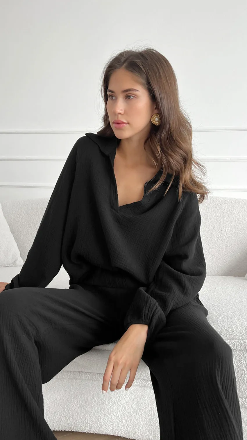 Black Pure Cotton Crepe V-Neck Pajama Set