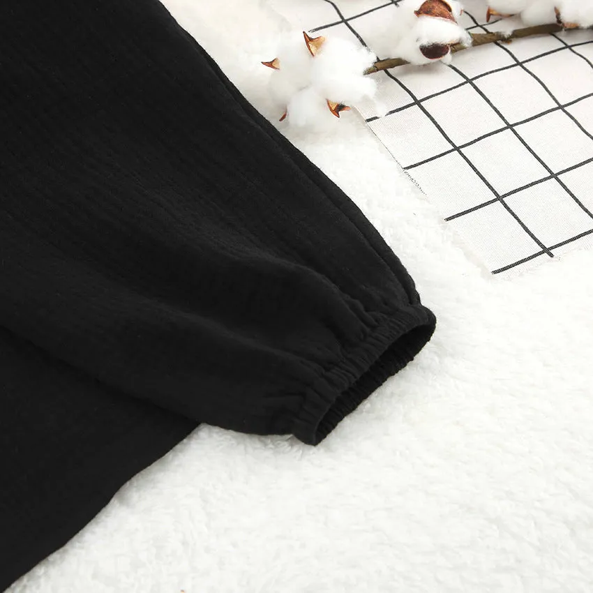 Black Pure Cotton Crepe V-Neck Pajama Set