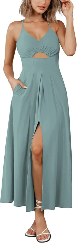 BTFBM Women 2025 Summer Spaghetti Strap Midi Dress Sleeveless V Neck Cutout Slit Casual Beach Party Maxi Dresses Pockets