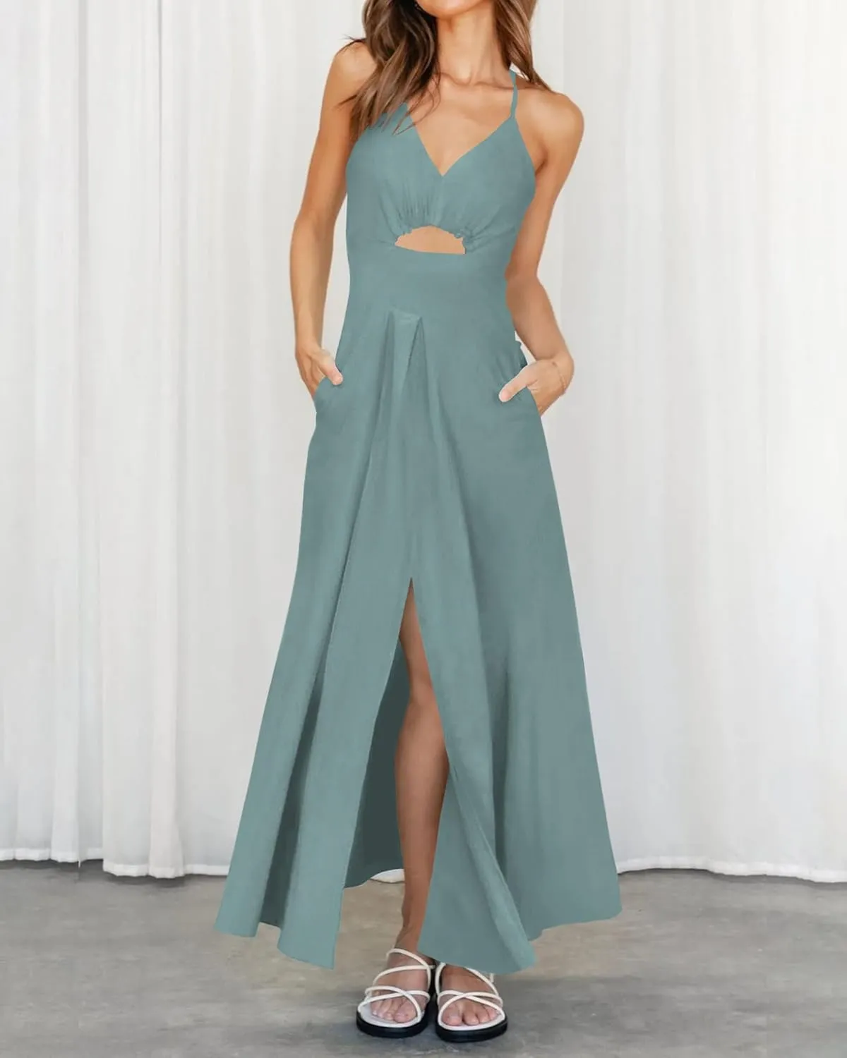 BTFBM Women 2025 Summer Spaghetti Strap Midi Dress Sleeveless V Neck Cutout Slit Casual Beach Party Maxi Dresses Pockets