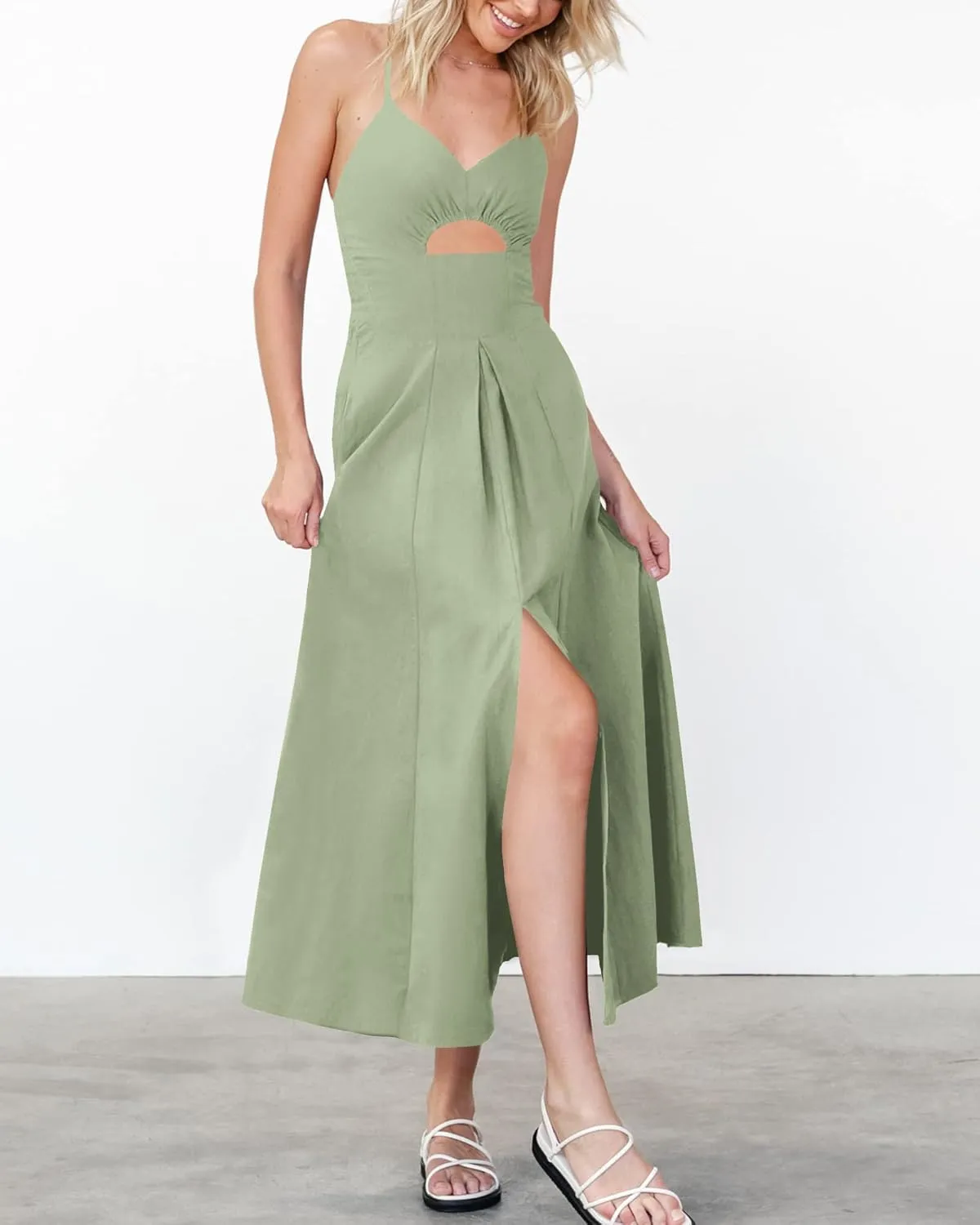 BTFBM Women 2025 Summer Spaghetti Strap Midi Dress Sleeveless V Neck Cutout Slit Casual Beach Party Maxi Dresses Pockets