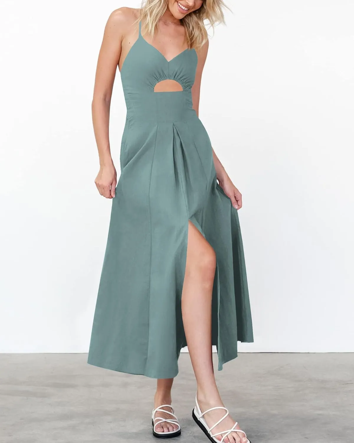 BTFBM Women 2025 Summer Spaghetti Strap Midi Dress Sleeveless V Neck Cutout Slit Casual Beach Party Maxi Dresses Pockets