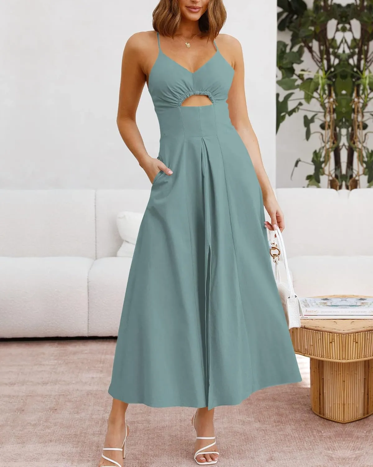 BTFBM Women 2025 Summer Spaghetti Strap Midi Dress Sleeveless V Neck Cutout Slit Casual Beach Party Maxi Dresses Pockets