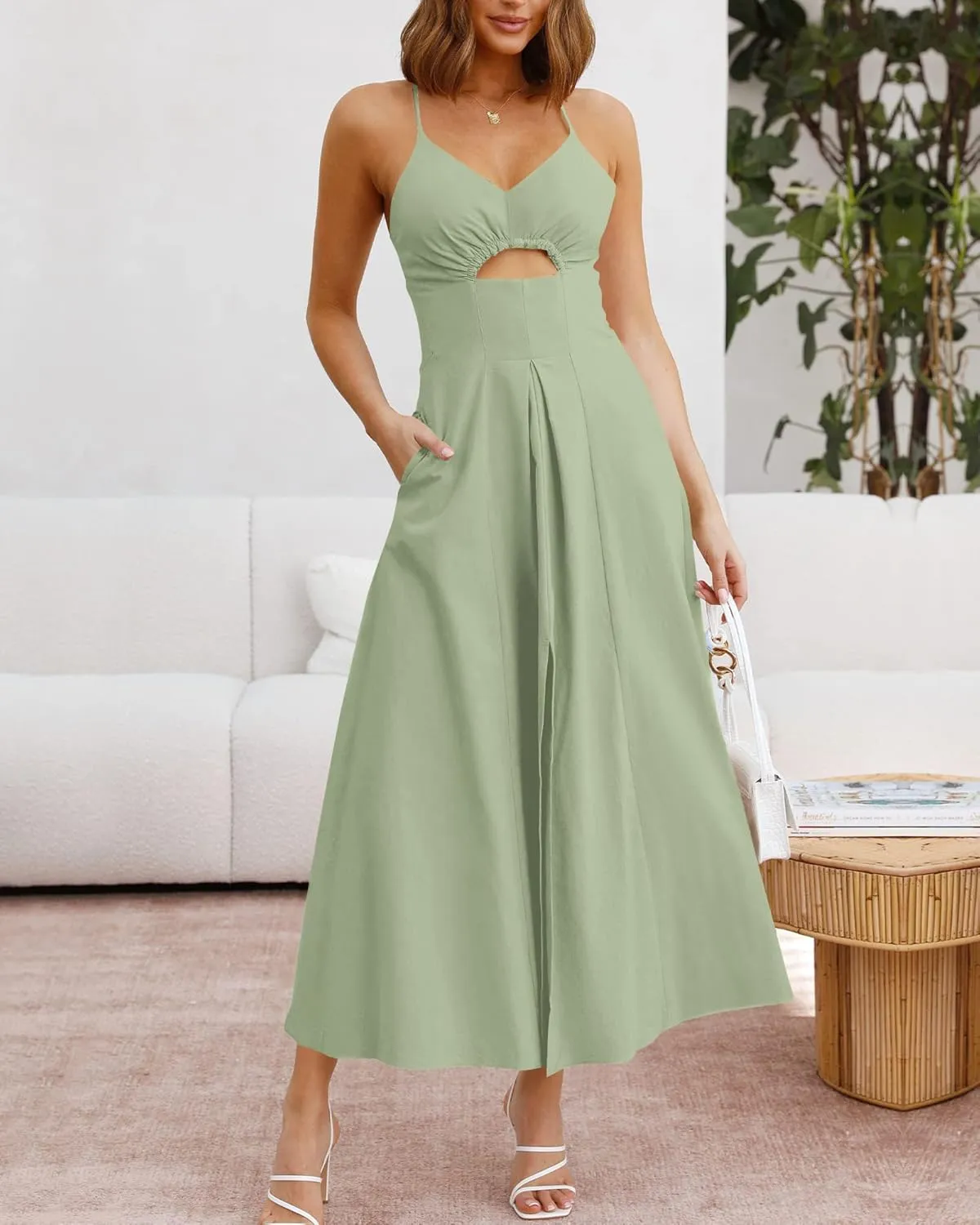BTFBM Women 2025 Summer Spaghetti Strap Midi Dress Sleeveless V Neck Cutout Slit Casual Beach Party Maxi Dresses Pockets