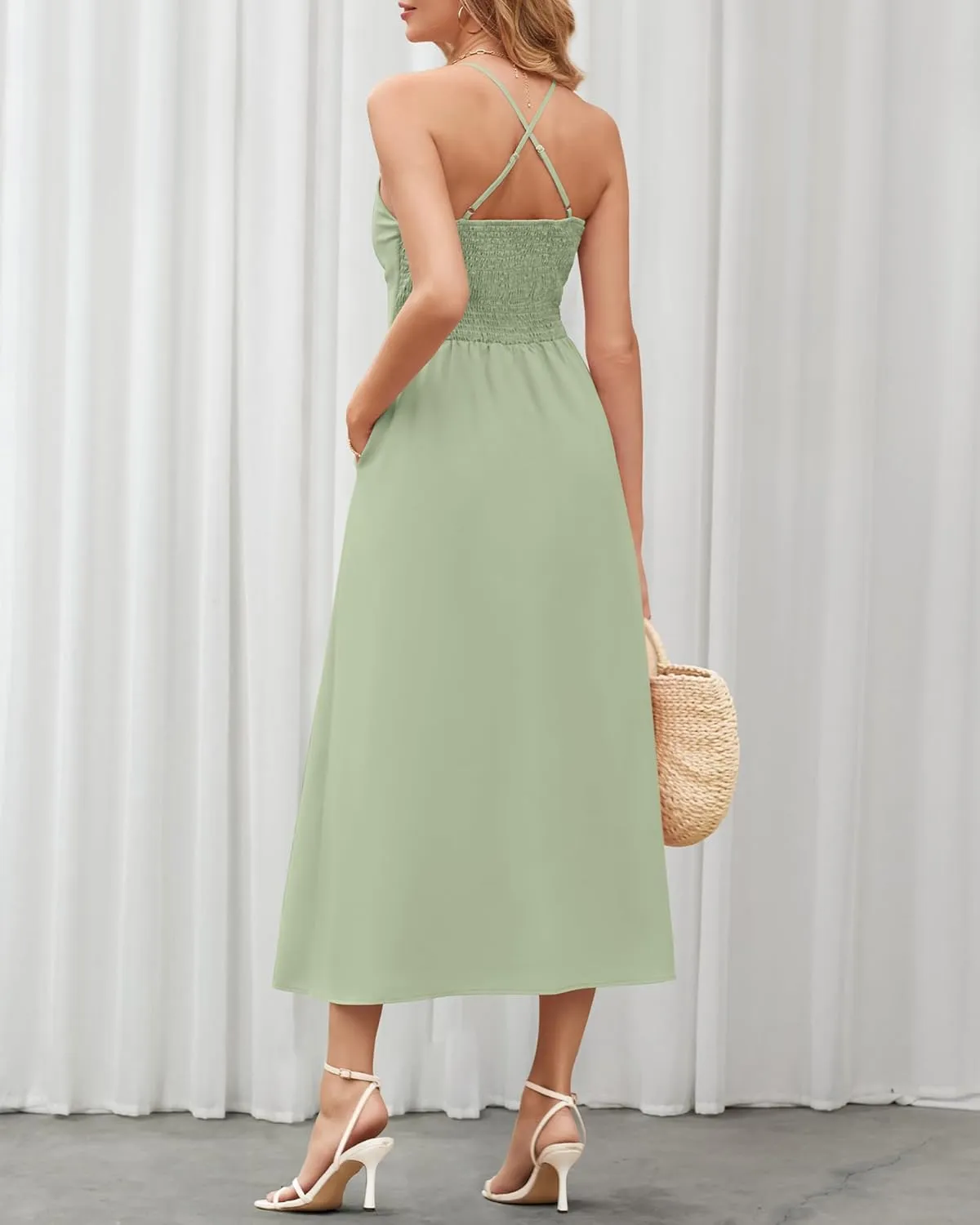 BTFBM Women 2025 Summer Spaghetti Strap Midi Dress Sleeveless V Neck Cutout Slit Casual Beach Party Maxi Dresses Pockets