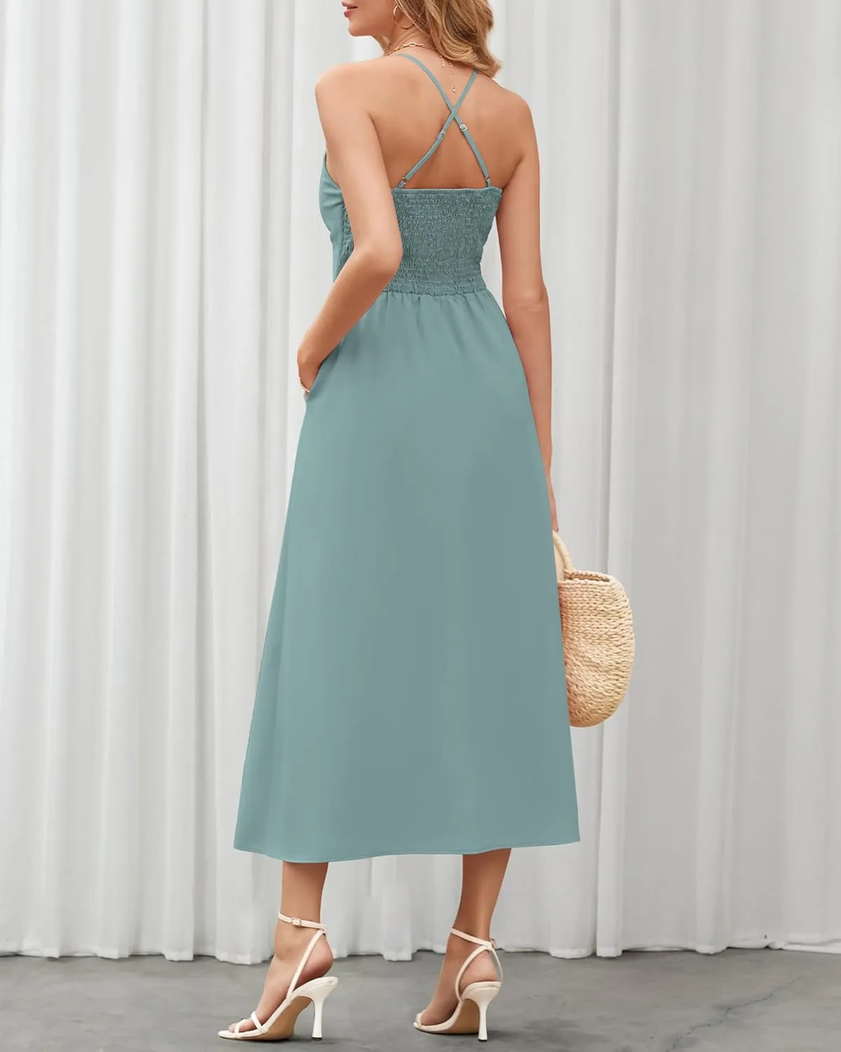 BTFBM Women 2025 Summer Spaghetti Strap Midi Dress Sleeveless V Neck Cutout Slit Casual Beach Party Maxi Dresses Pockets