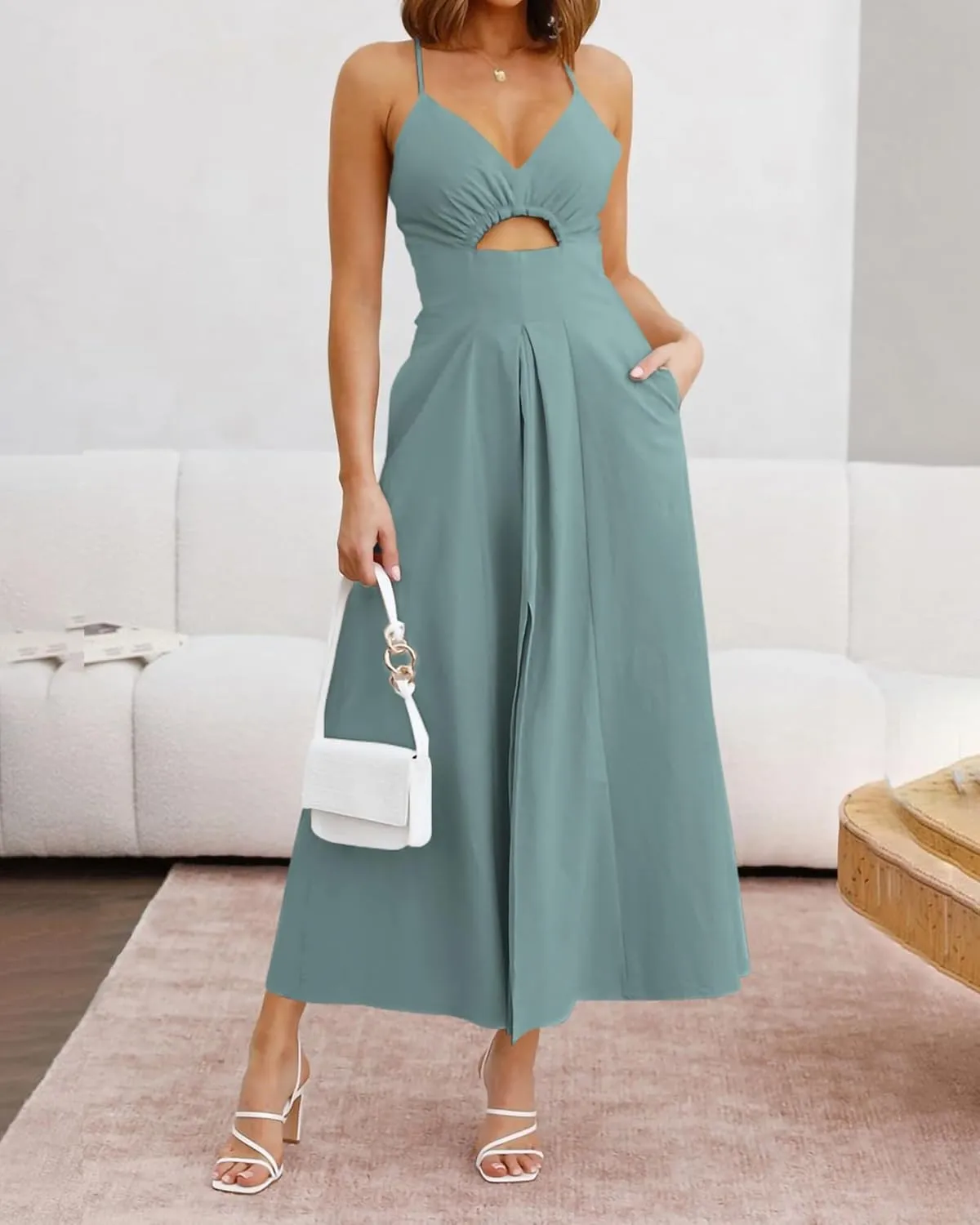 BTFBM Women 2025 Summer Spaghetti Strap Midi Dress Sleeveless V Neck Cutout Slit Casual Beach Party Maxi Dresses Pockets