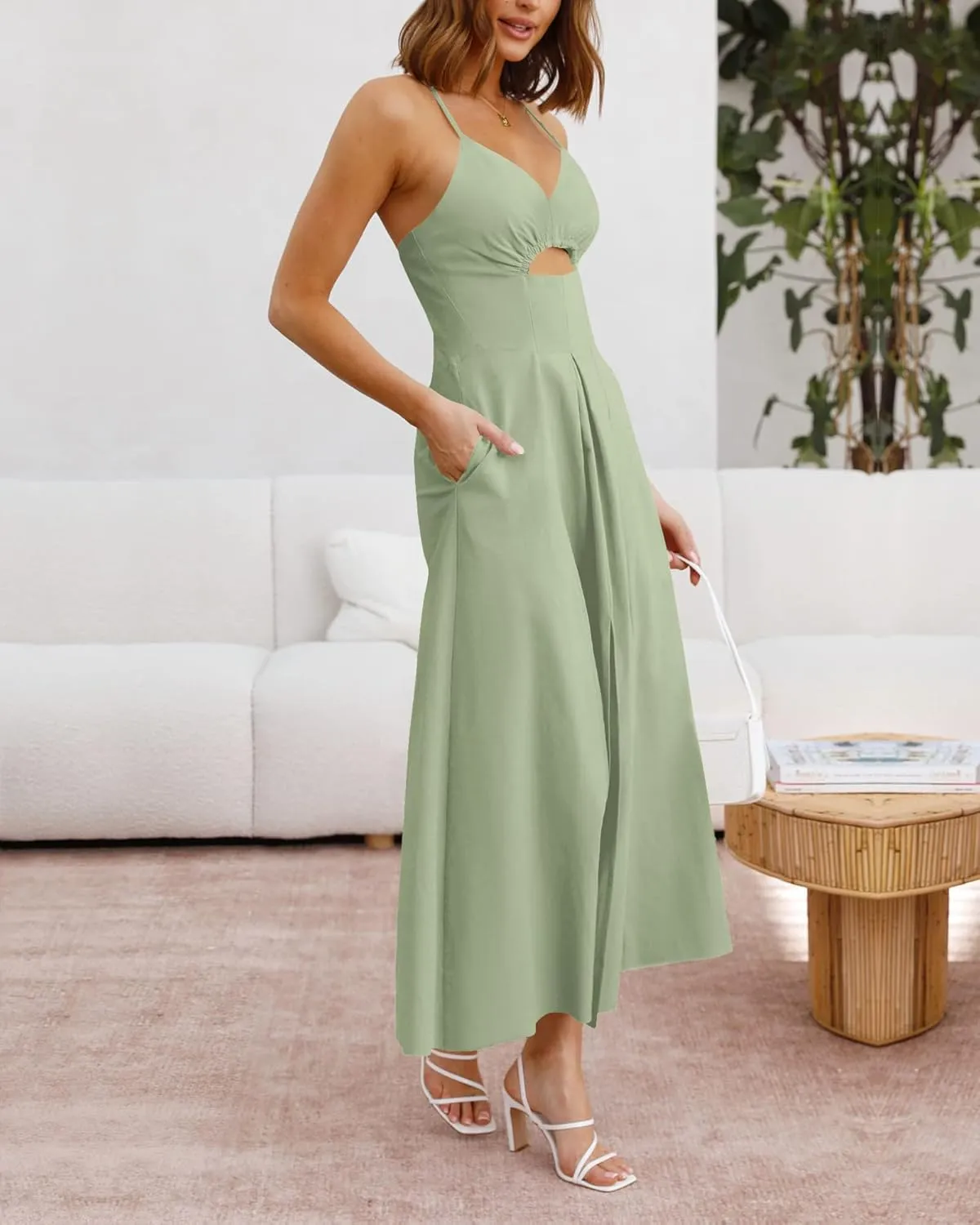 BTFBM Women 2025 Summer Spaghetti Strap Midi Dress Sleeveless V Neck Cutout Slit Casual Beach Party Maxi Dresses Pockets