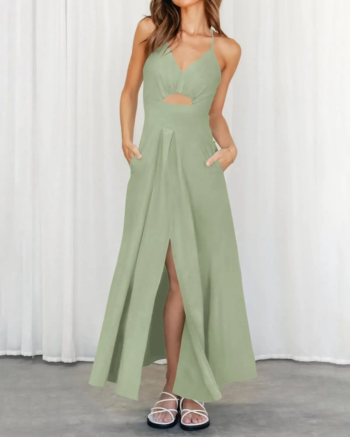 BTFBM Women 2025 Summer Spaghetti Strap Midi Dress Sleeveless V Neck Cutout Slit Casual Beach Party Maxi Dresses Pockets