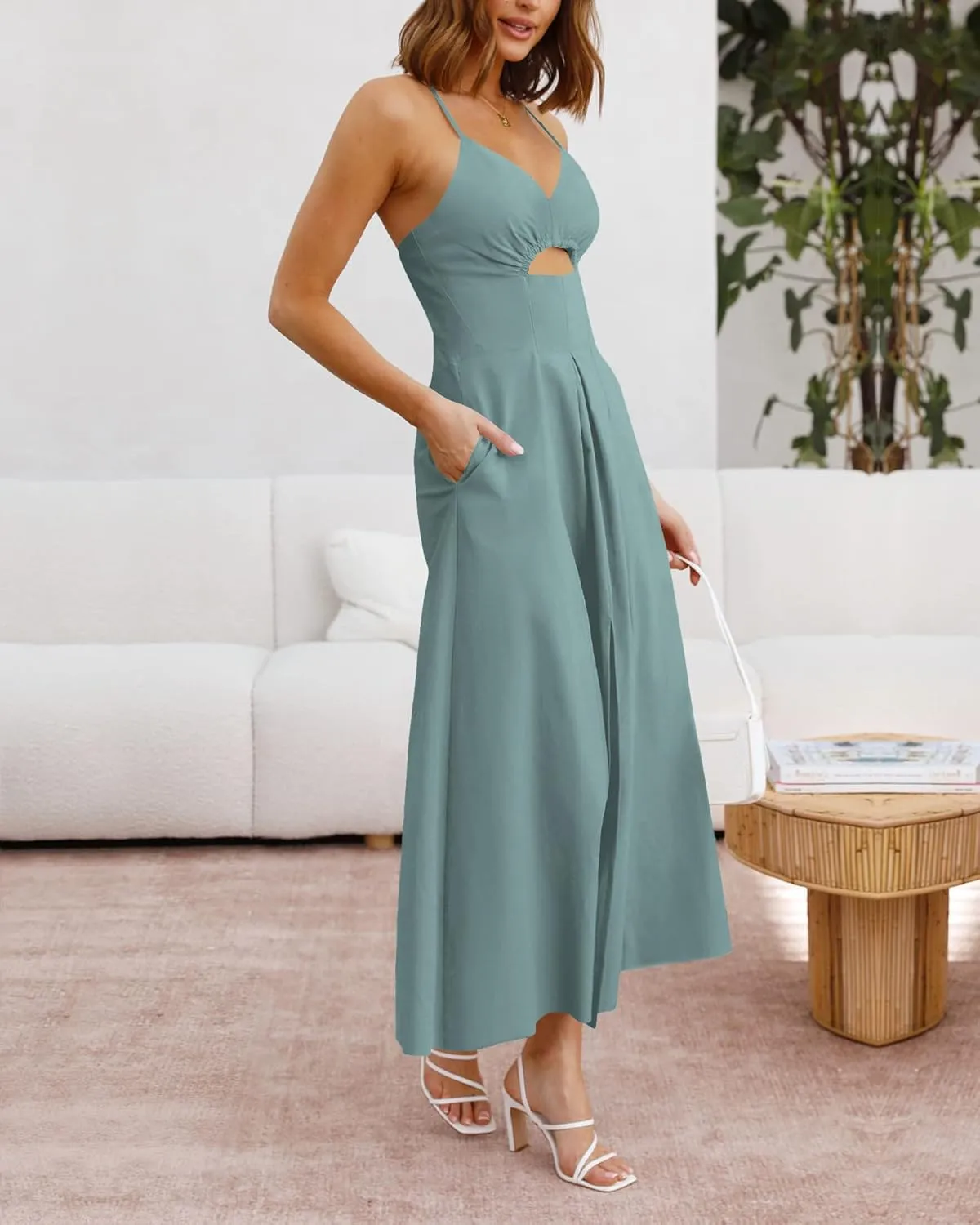 BTFBM Women 2025 Summer Spaghetti Strap Midi Dress Sleeveless V Neck Cutout Slit Casual Beach Party Maxi Dresses Pockets