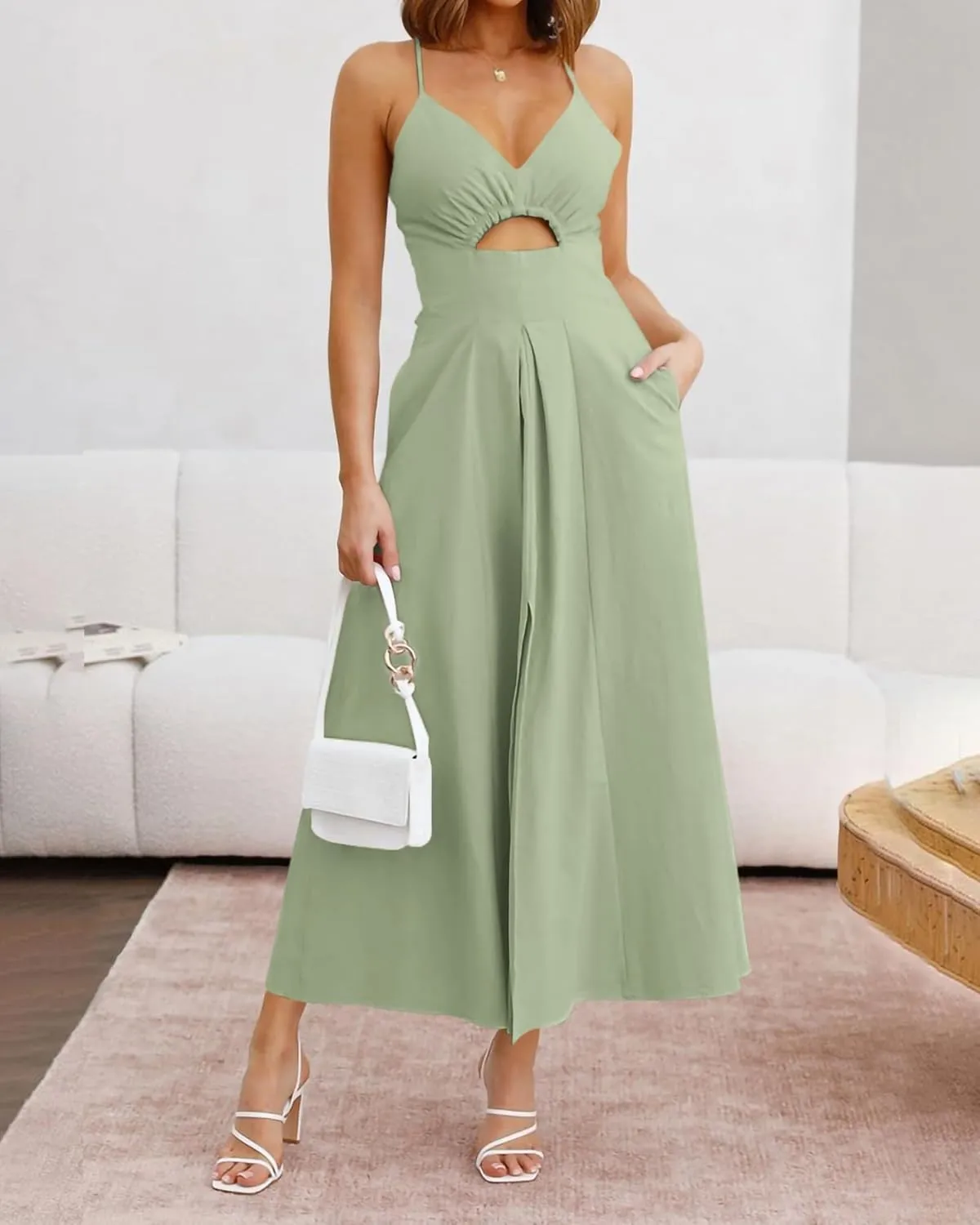 BTFBM Women 2025 Summer Spaghetti Strap Midi Dress Sleeveless V Neck Cutout Slit Casual Beach Party Maxi Dresses Pockets