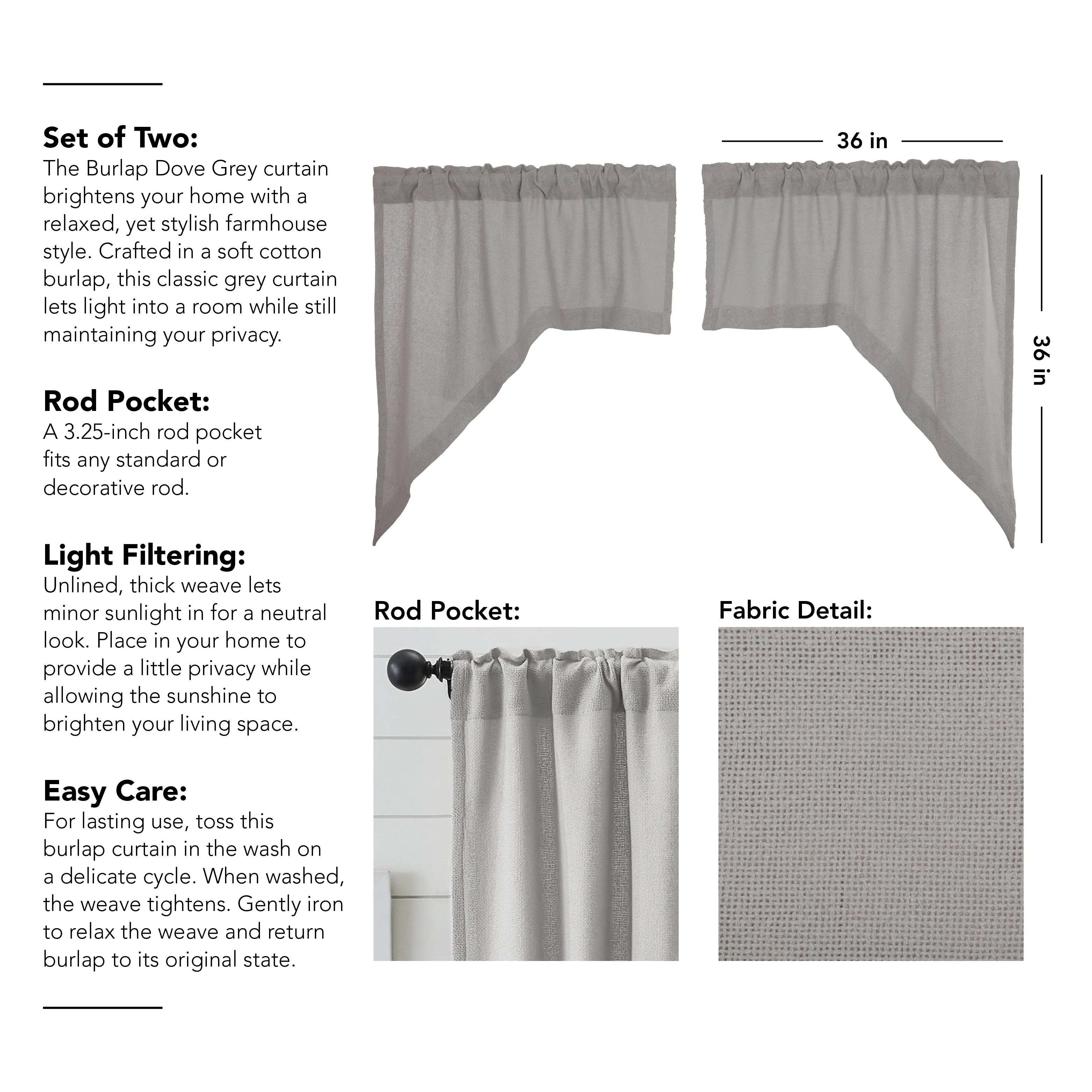 Burlap Dove Grey Swag Set of 2 36x36x16