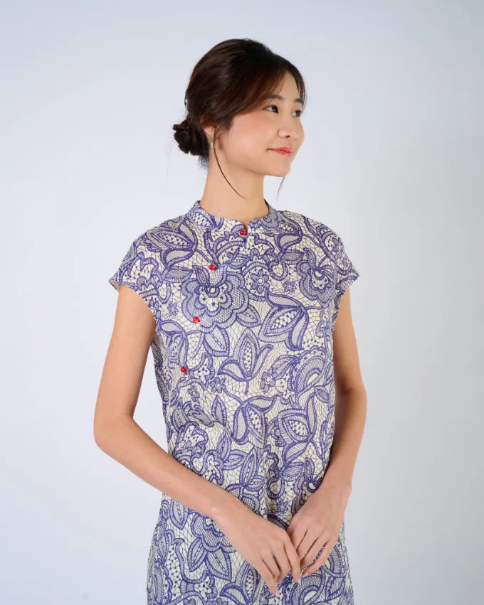 Cap Sleeve Cheongsam Dress in Purple Lace