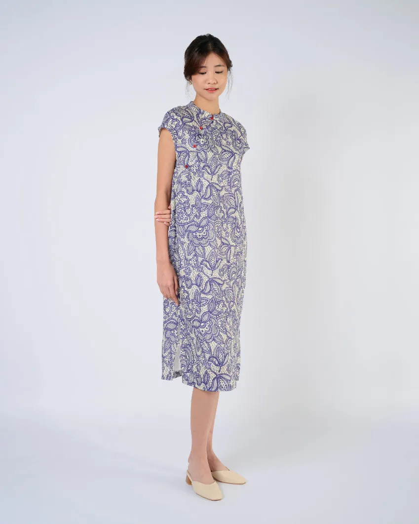 Cap Sleeve Cheongsam Dress in Purple Lace