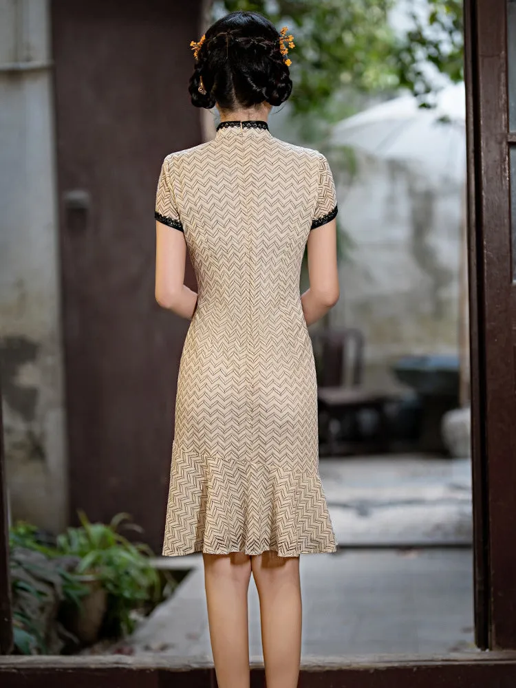 Cap Sleeve Floral Lace Full Length Mermaid Cheongsam Chinese Dress Day Dress