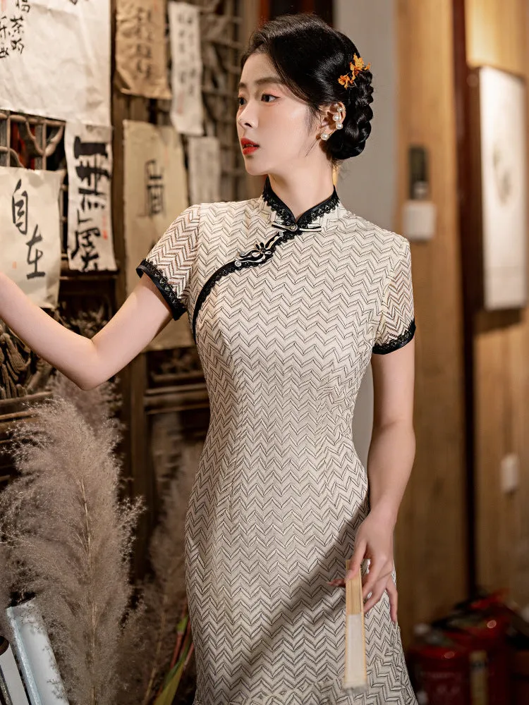 Cap Sleeve Floral Lace Full Length Mermaid Cheongsam Chinese Dress Day Dress