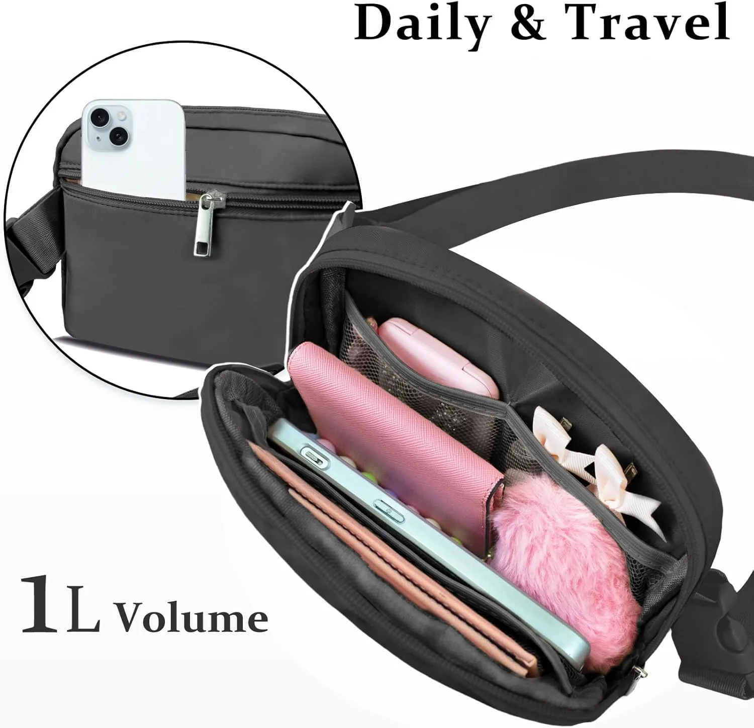 COSHAYSOO Black Belt Bag Waist Fanny Pack Small Crossbody Trending Pouch with Initial Letter Patch for Women Teenage Girl Travel Essential, Personalized Christmas Gift Preppy Cute Teen Stuff (S)