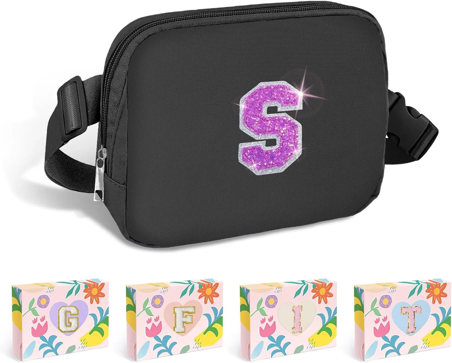 COSHAYSOO Black Belt Bag Waist Fanny Pack Small Crossbody Trending Pouch with Initial Letter Patch for Women Teenage Girl Travel Essential, Personalized Christmas Gift Preppy Cute Teen Stuff (S)