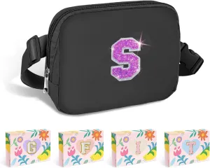 COSHAYSOO Black Belt Bag Waist Fanny Pack Small Crossbody Trending Pouch with Initial Letter Patch for Women Teenage Girl Travel Essential, Personalized Christmas Gift Preppy Cute Teen Stuff (S)