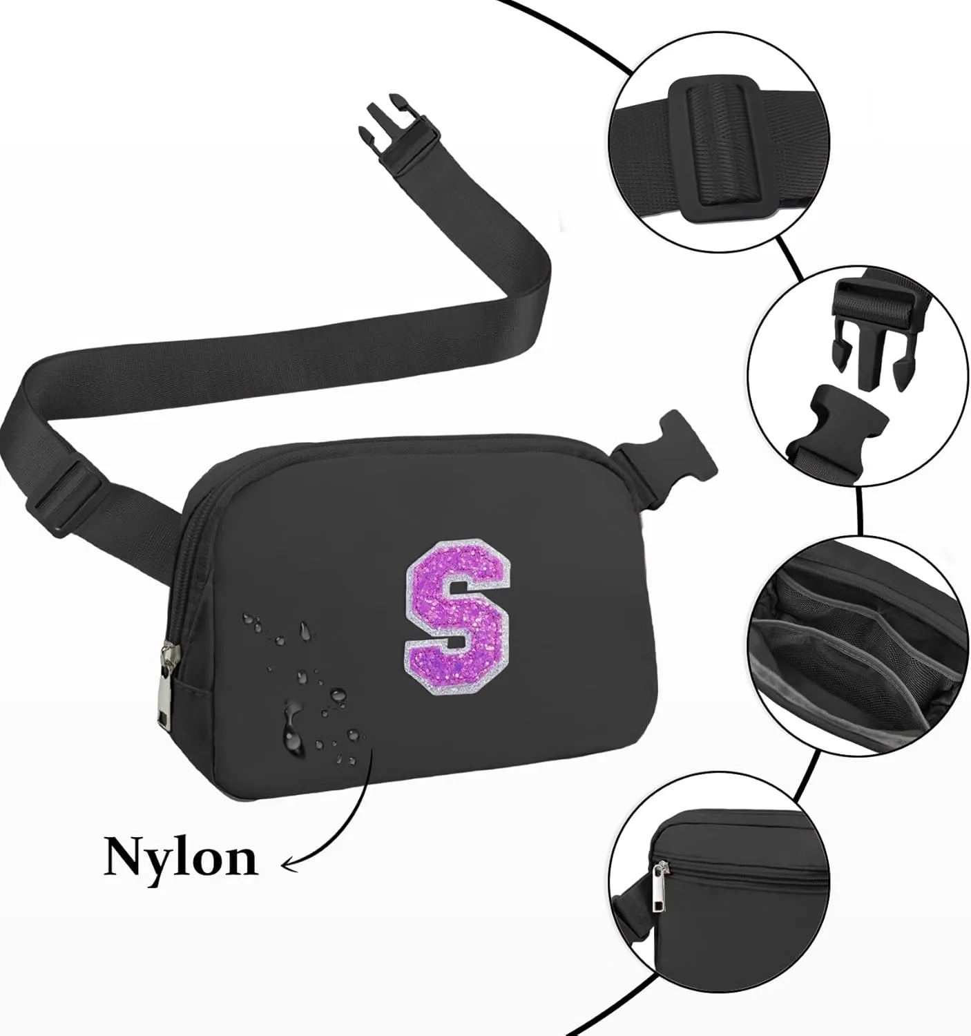 COSHAYSOO Black Belt Bag Waist Fanny Pack Small Crossbody Trending Pouch with Initial Letter Patch for Women Teenage Girl Travel Essential, Personalized Christmas Gift Preppy Cute Teen Stuff (S)