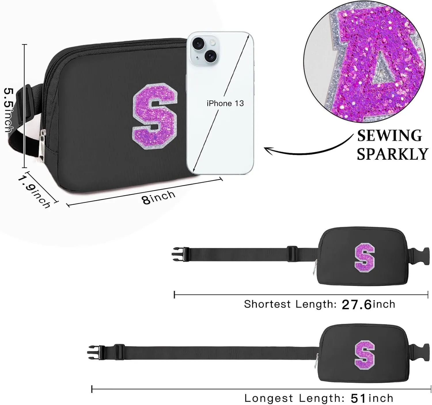 COSHAYSOO Black Belt Bag Waist Fanny Pack Small Crossbody Trending Pouch with Initial Letter Patch for Women Teenage Girl Travel Essential, Personalized Christmas Gift Preppy Cute Teen Stuff (S)