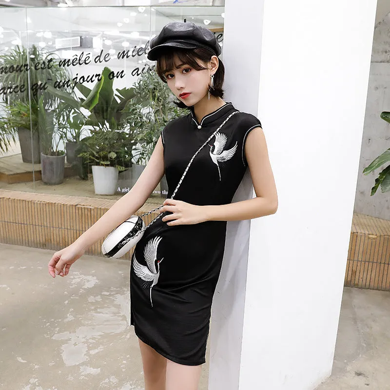 Cranes Pattern Mandarin Collar Modern Cheongsam Day Dress