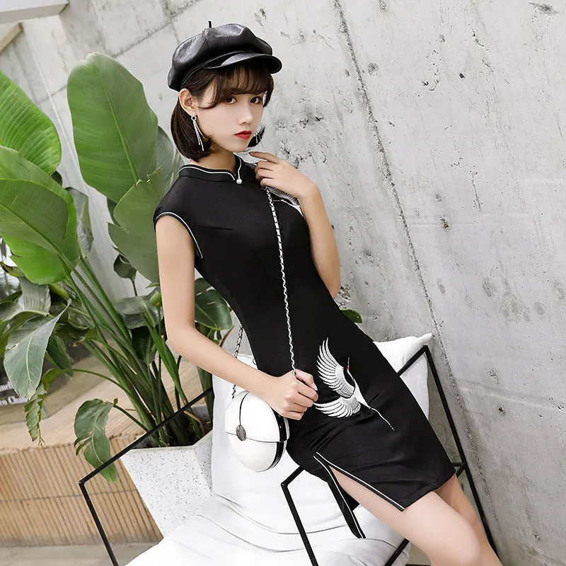 Cranes Pattern Mandarin Collar Modern Cheongsam Day Dress