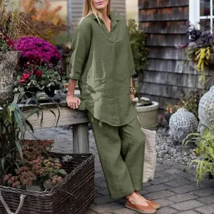 Dark Green Loose Lapel Elegant casual home Set