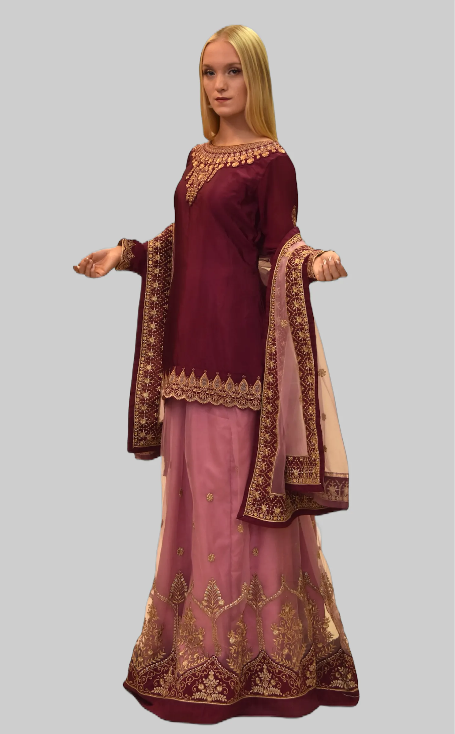 Embroidered Silk Byzantium Purple With Thulian Pink Skirt Anarkali Split Lehenga