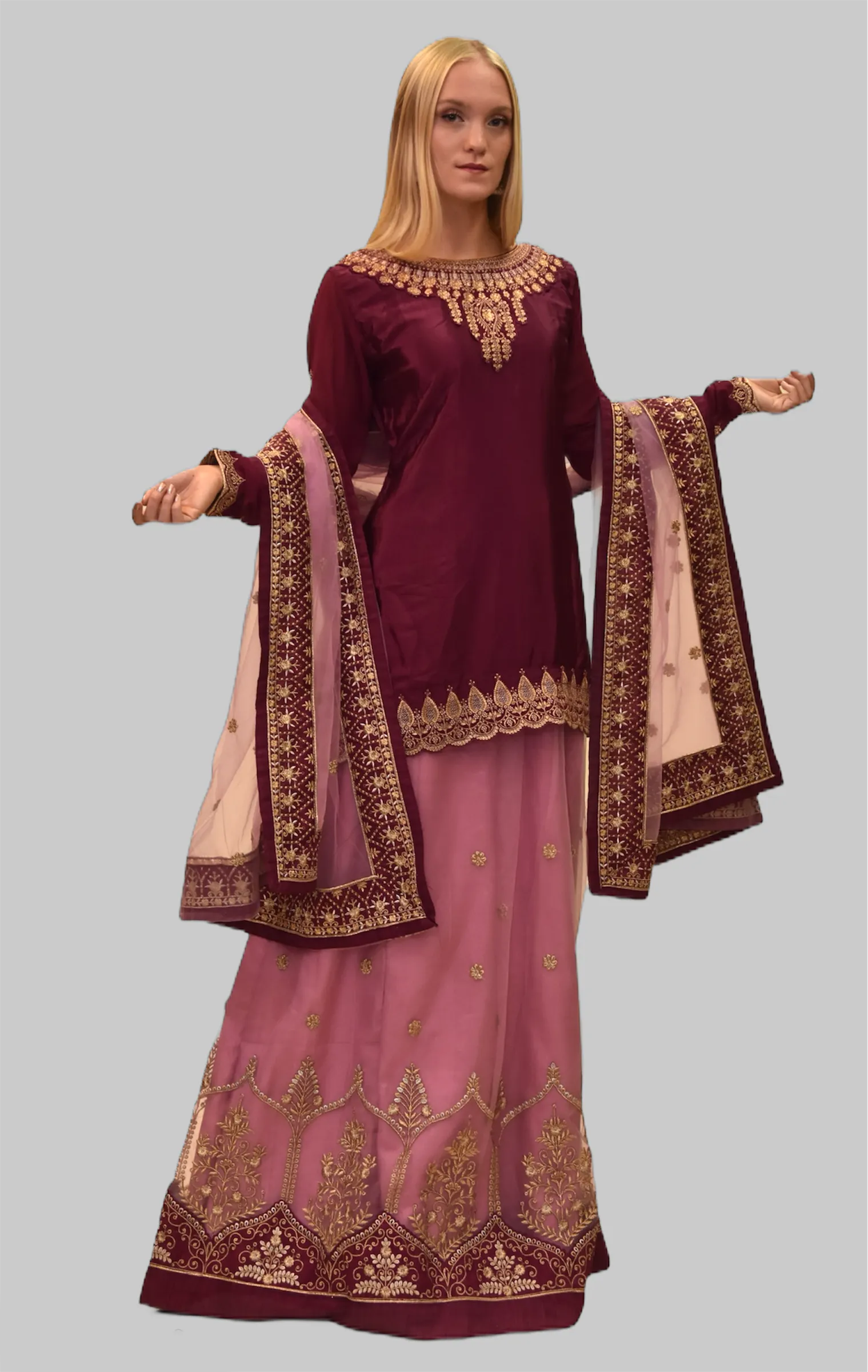 Embroidered Silk Byzantium Purple With Thulian Pink Skirt Anarkali Split Lehenga