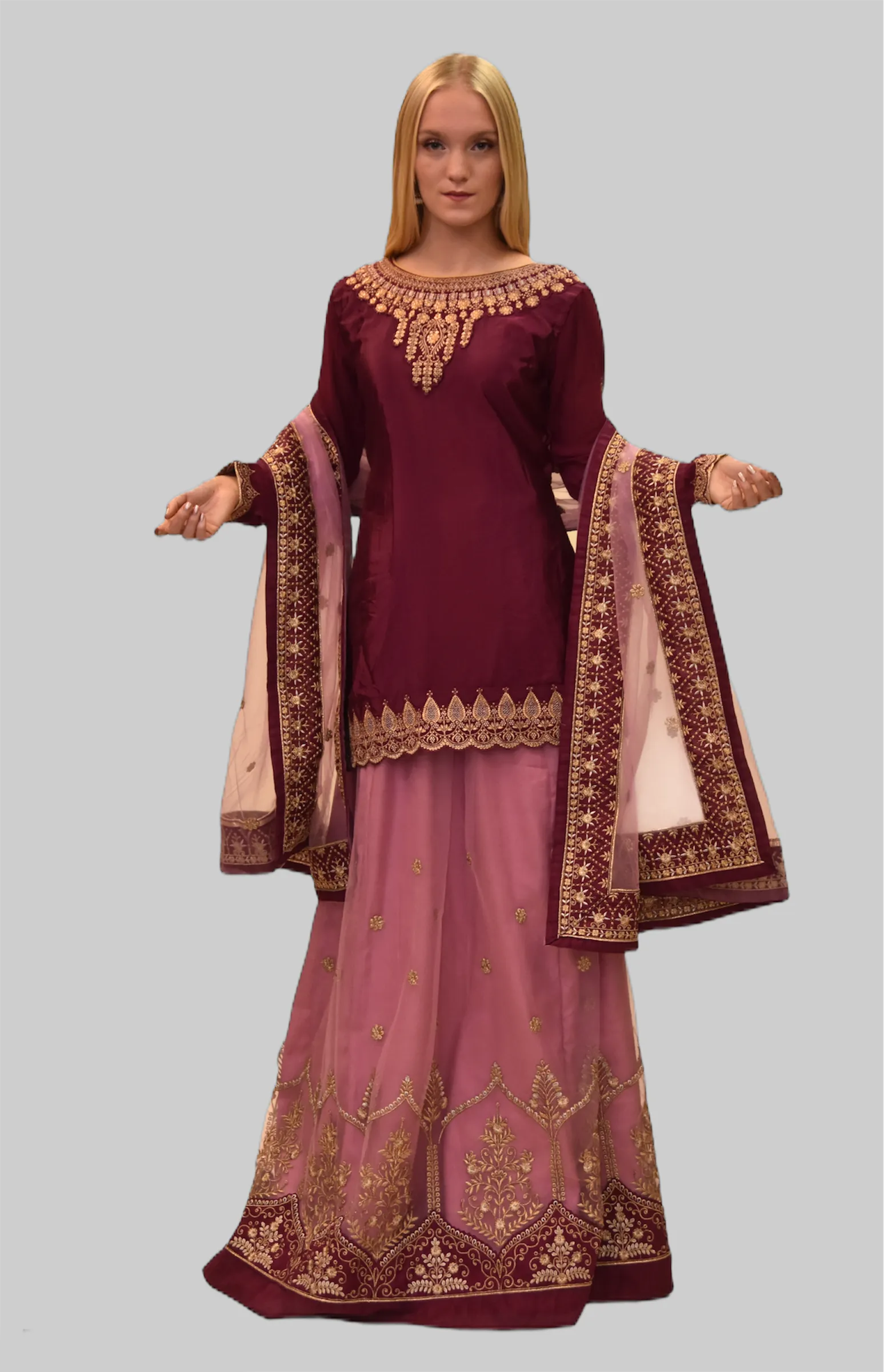 Embroidered Silk Byzantium Purple With Thulian Pink Skirt Anarkali Split Lehenga