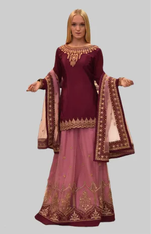 Embroidered Silk Byzantium Purple With Thulian Pink Skirt Anarkali Split Lehenga